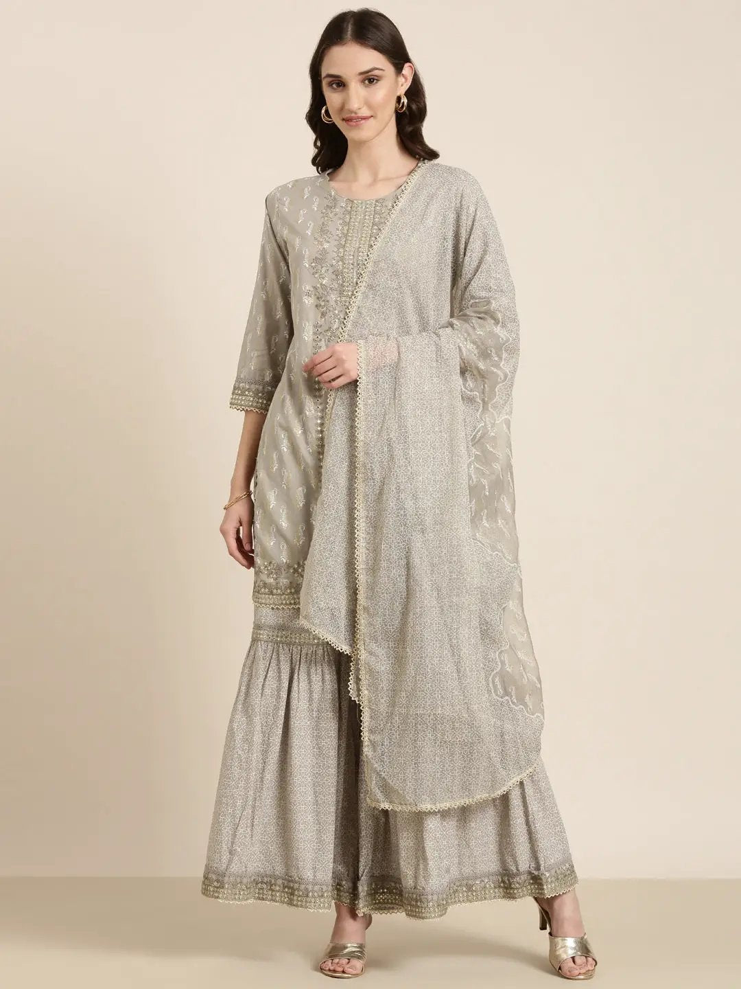 Women's Taupe Paisley Printed Regular Thread Work Kurta Set With Dupatta