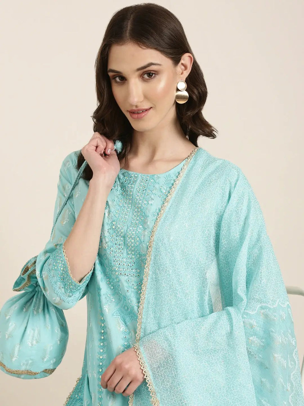 Women's Turquoise Blue Paisley Printed Regular Thread Work Kurta Set With Dupatta