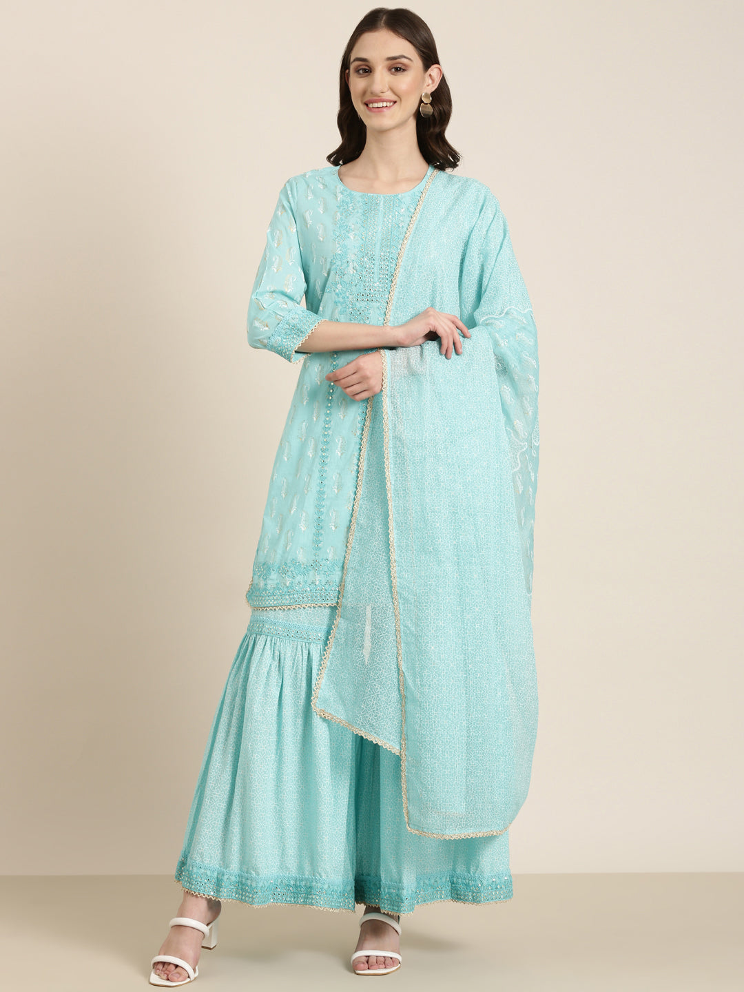 Women's Turquoise Blue Paisley Printed Regular Thread Work Kurta Set With Dupatta