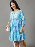 Women's Blue Ethnic Cotton A-Line Dress