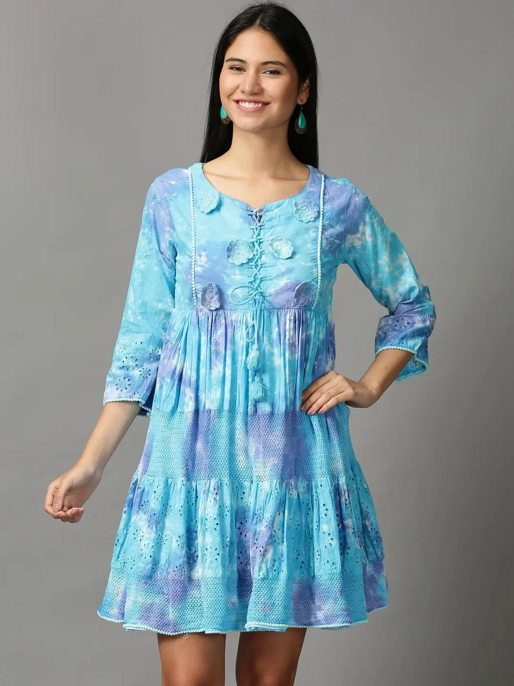 Women's Blue Ethnic Cotton A-Line Dress
