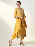 Women's Printed Yellow Kurta Set with Dupatta & Potli Bag