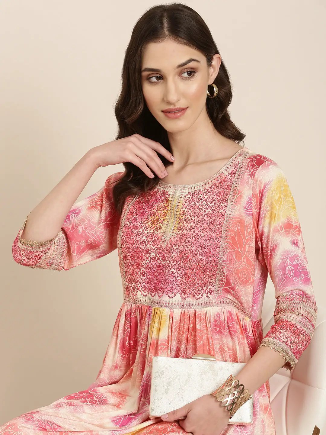 Women's Peach Floral Printed Thread Work Pleated Anarkali Kurta