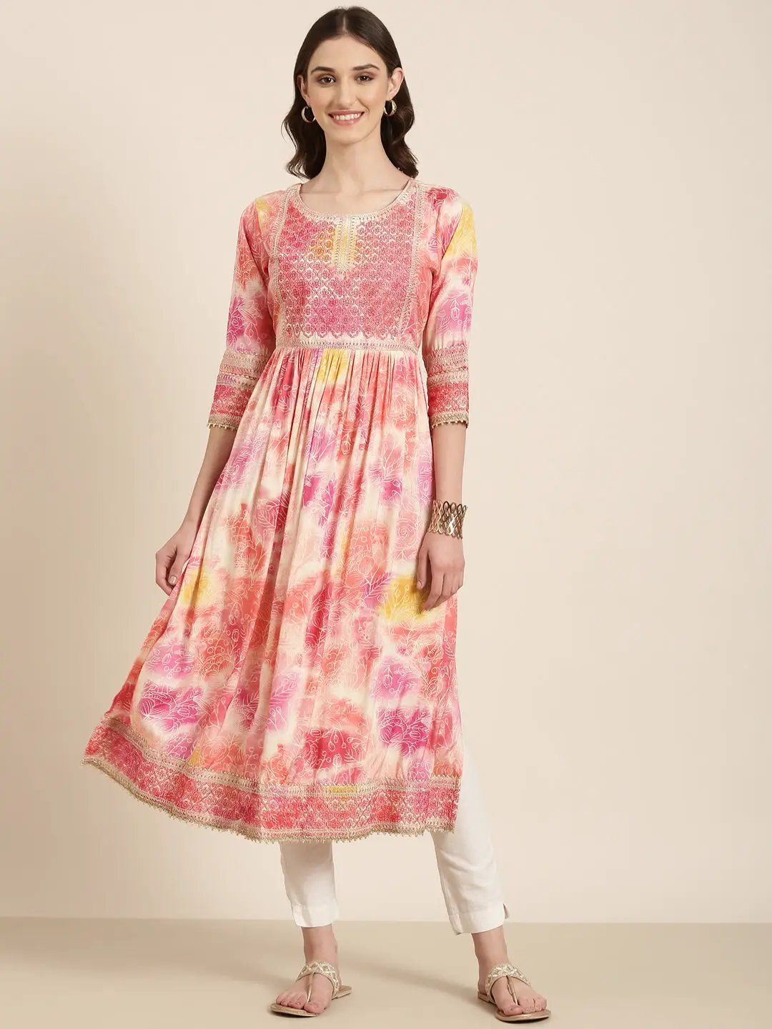 Women's Peach Floral Printed Thread Work Pleated Anarkali Kurta