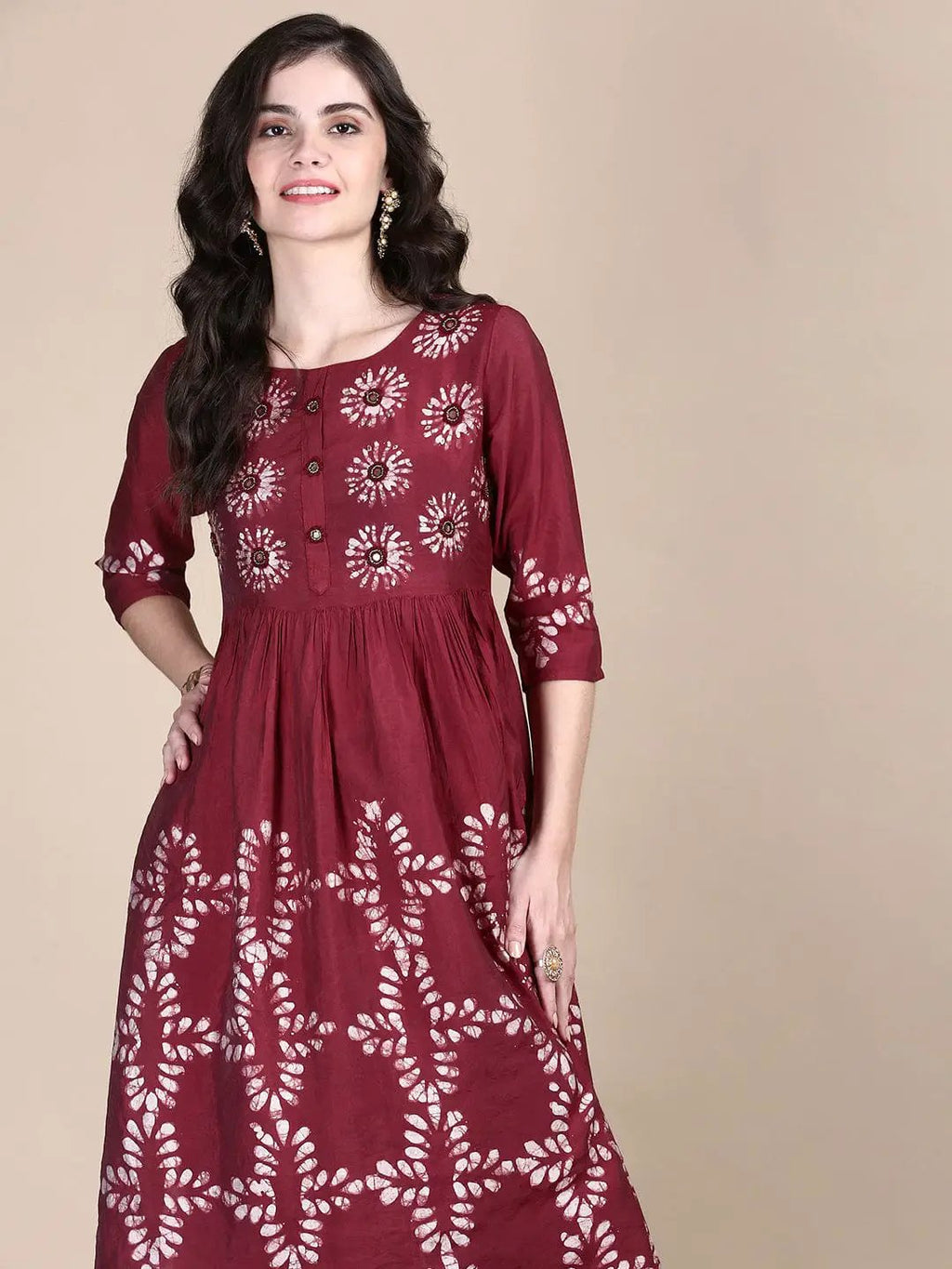 Women's Floral Maroon A-Line Kurta Set