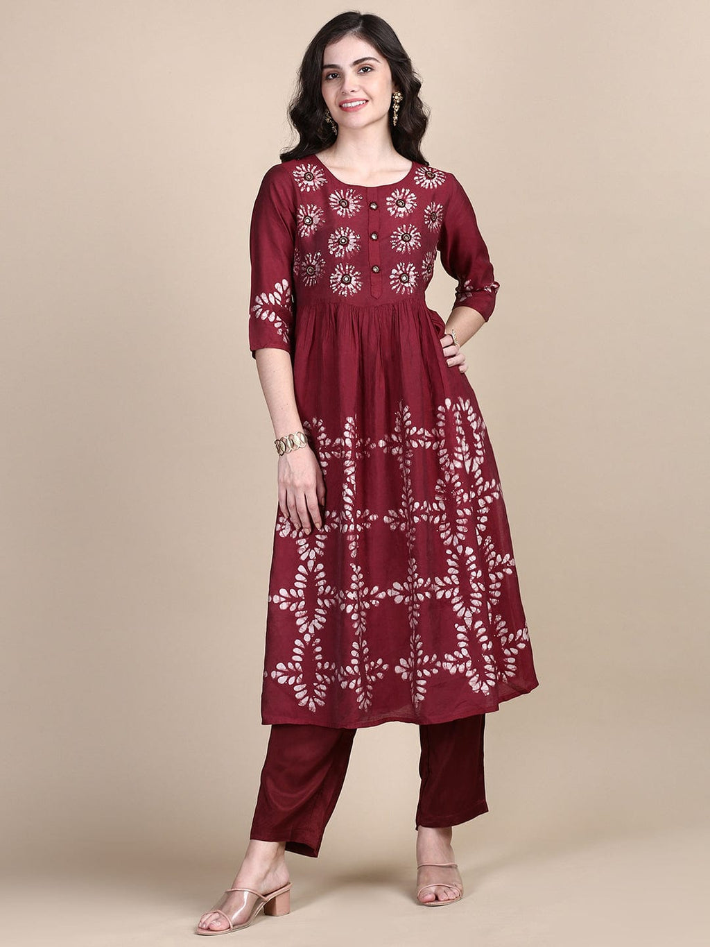 Women's Floral Maroon A-Line Kurta Set