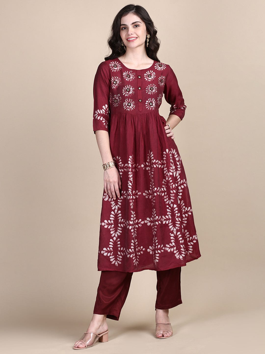 Women's Floral Maroon A-Line Kurta Set