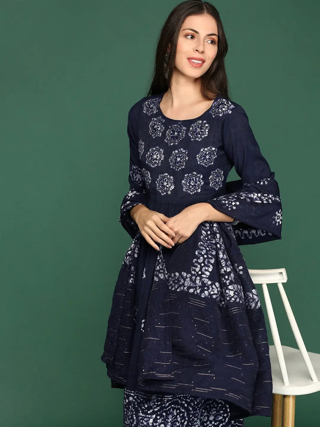 Women's Floral Navy Blue A-Line Kurta Set with Dupatta