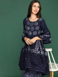 Women's Floral Navy Blue A-Line Kurta Set with Dupatta