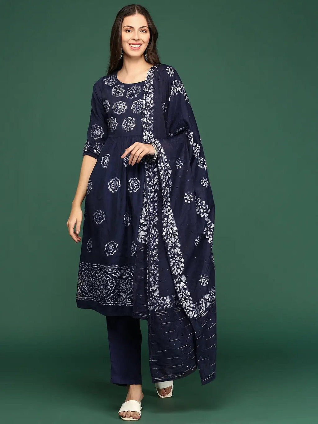 Women's Floral Navy Blue A-Line Kurta Set with Dupatta
