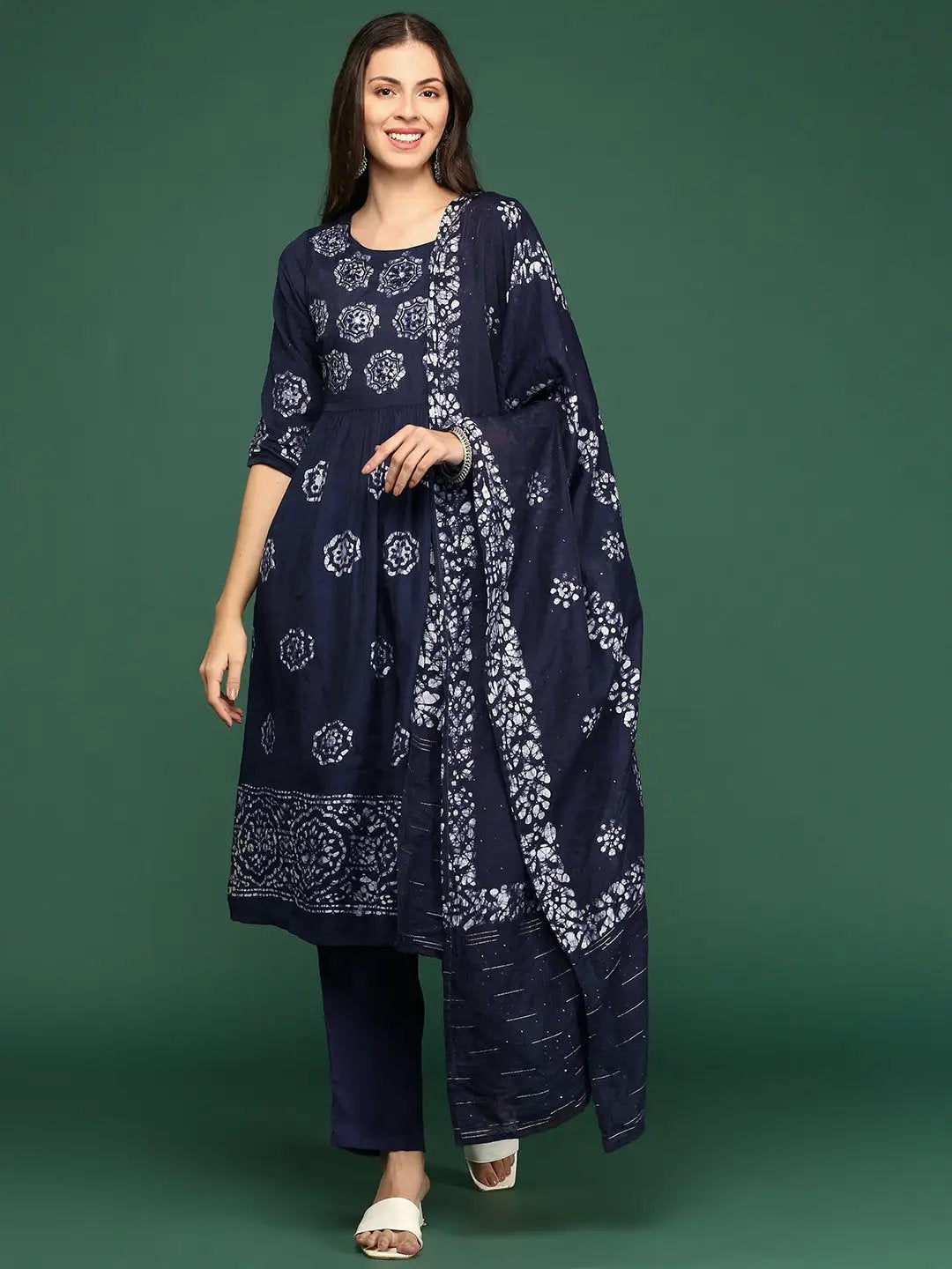 Women's Floral Navy Blue A-Line Kurta Set with Dupatta