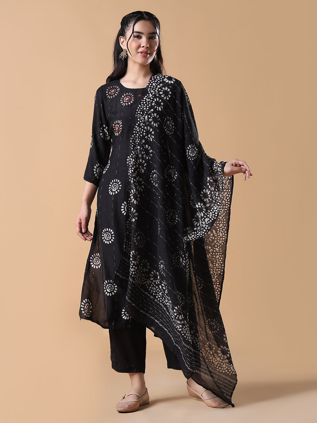 Women's Floral Straight Black Kurta Set with Dupatta