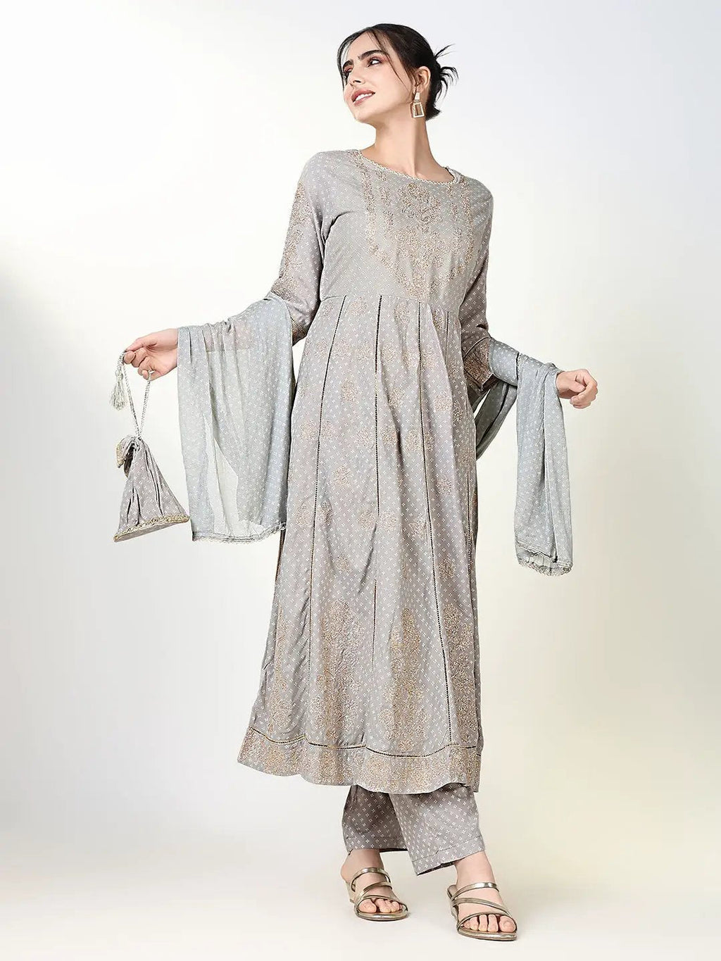Women's Floral Grey Printed Anarkali Kurta Set with Dupatta