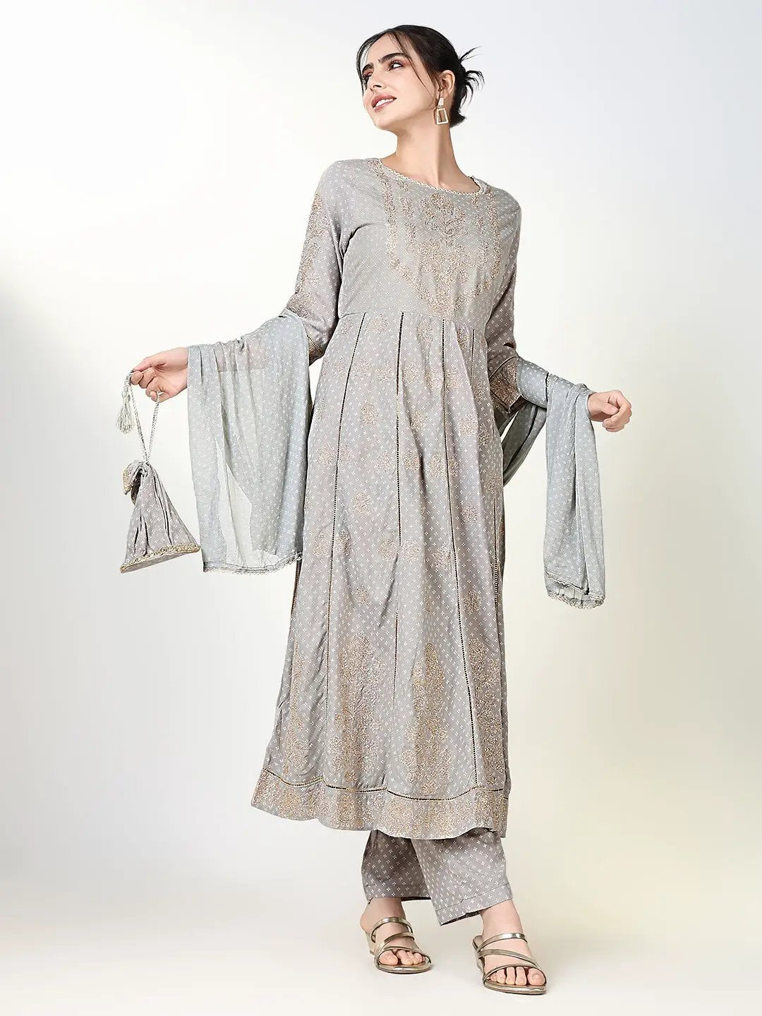 Women's Floral Grey Printed Anarkali Kurta Set with Dupatta