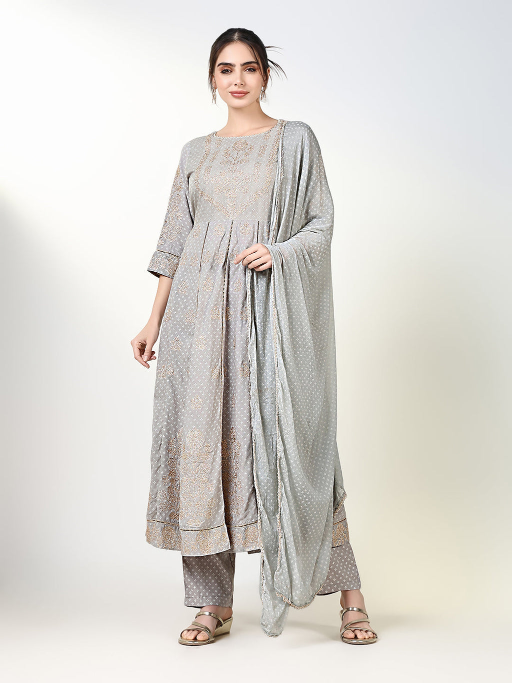 Women's Floral Grey Printed Anarkali Kurta Set with Dupatta