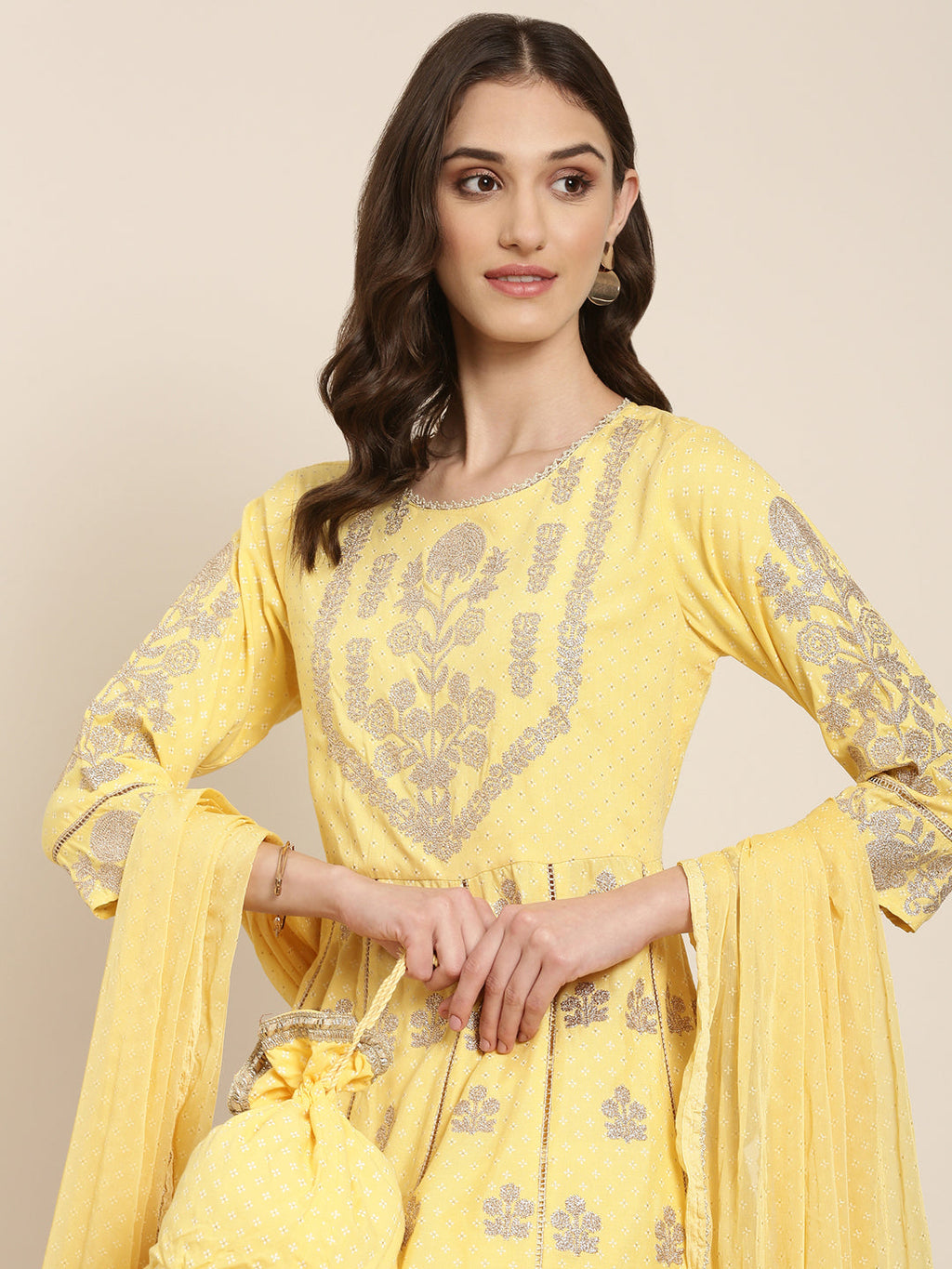 Women's Yellow Floral Embroidered Empire Kurta Set With Dupatta