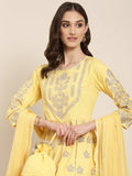 Women's Yellow Floral Embroidered Empire Kurta Set With Dupatta