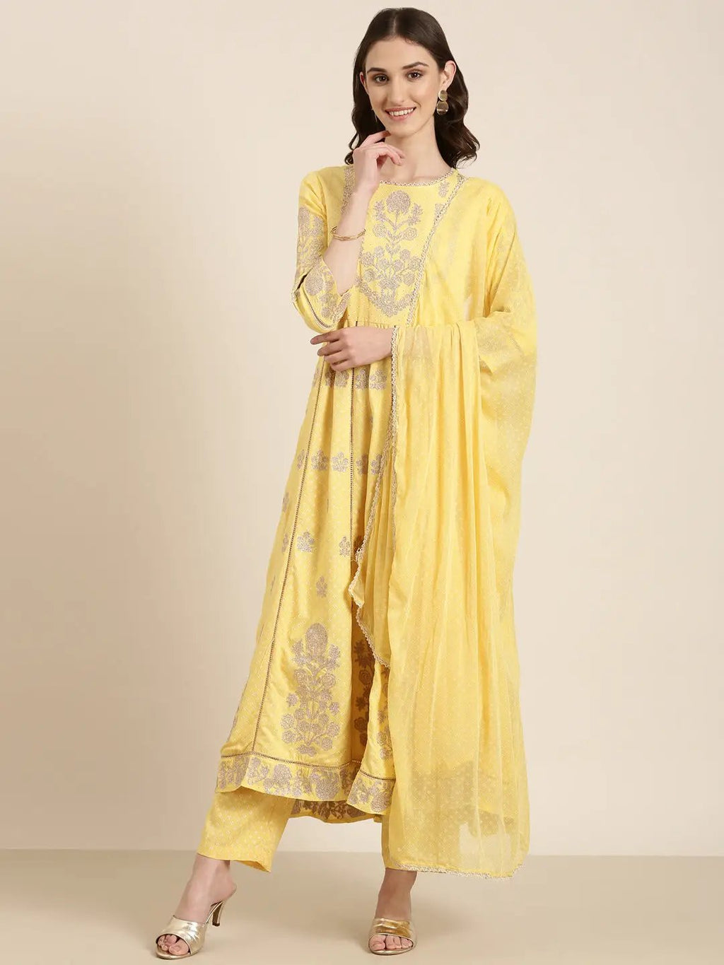 Women's Yellow Floral Embroidered Empire Kurta Set With Dupatta
