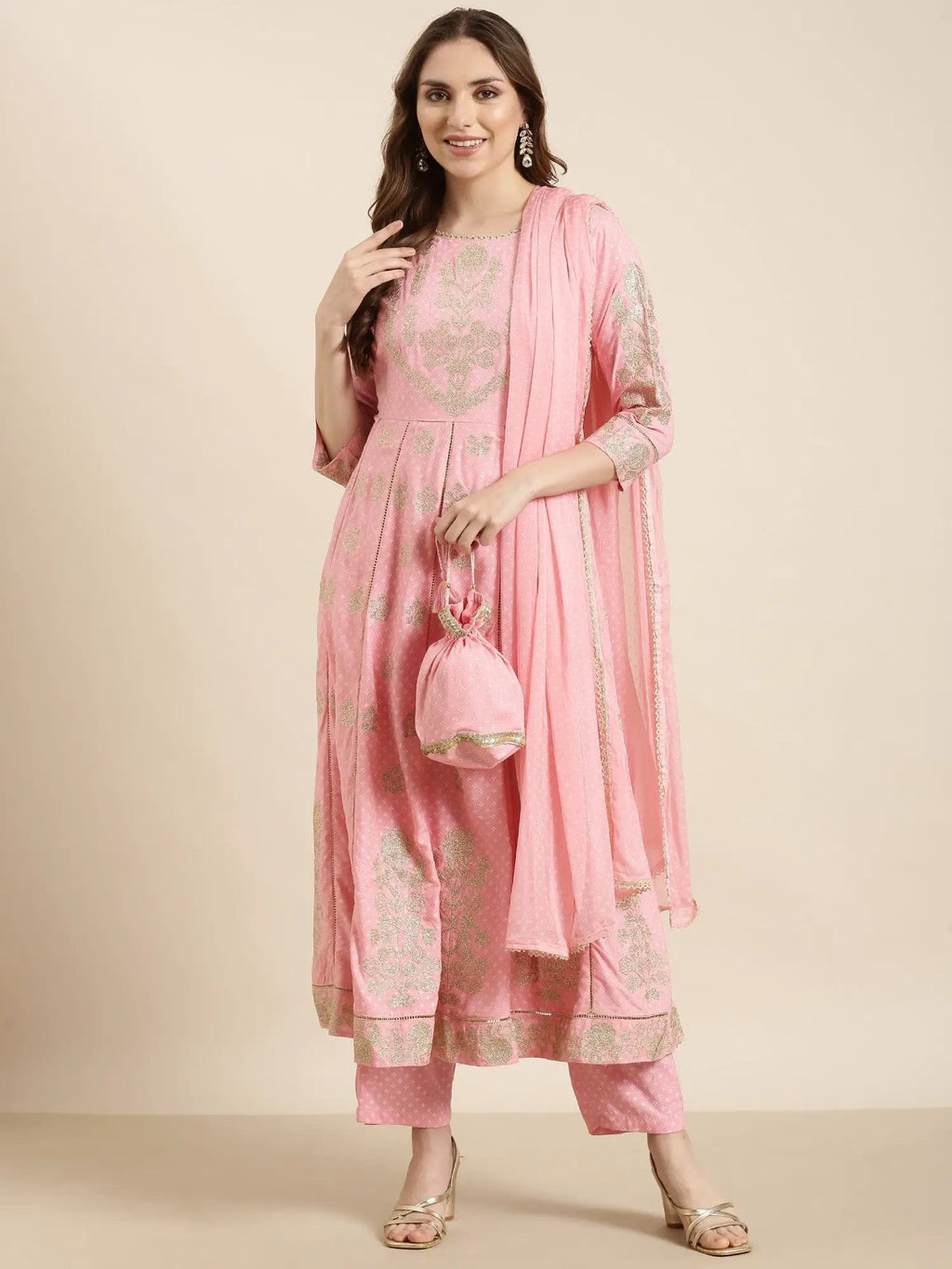 Women's Anarkali Pink Floral Kurta Sets with Trousers & Dupatta & Potli Bag