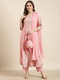 Women's Anarkali Pink Floral Kurta Sets with Trousers & Dupatta & Potli Bag