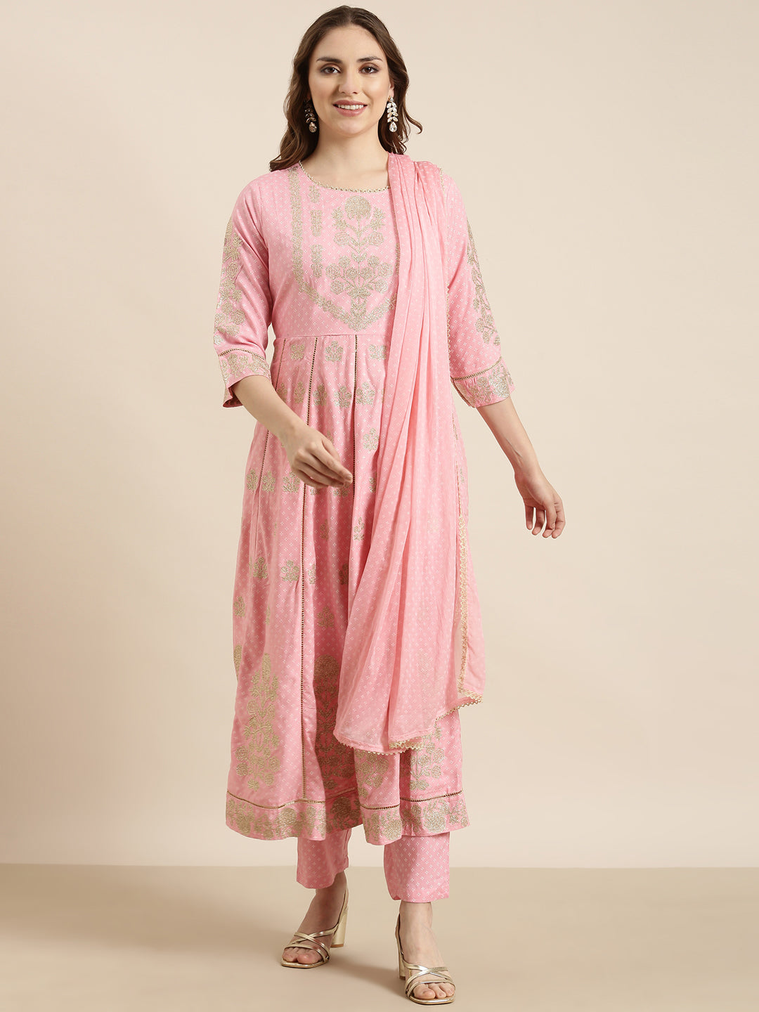 Women's Anarkali Pink Floral Kurta Sets with Trousers & Dupatta & Potli Bag