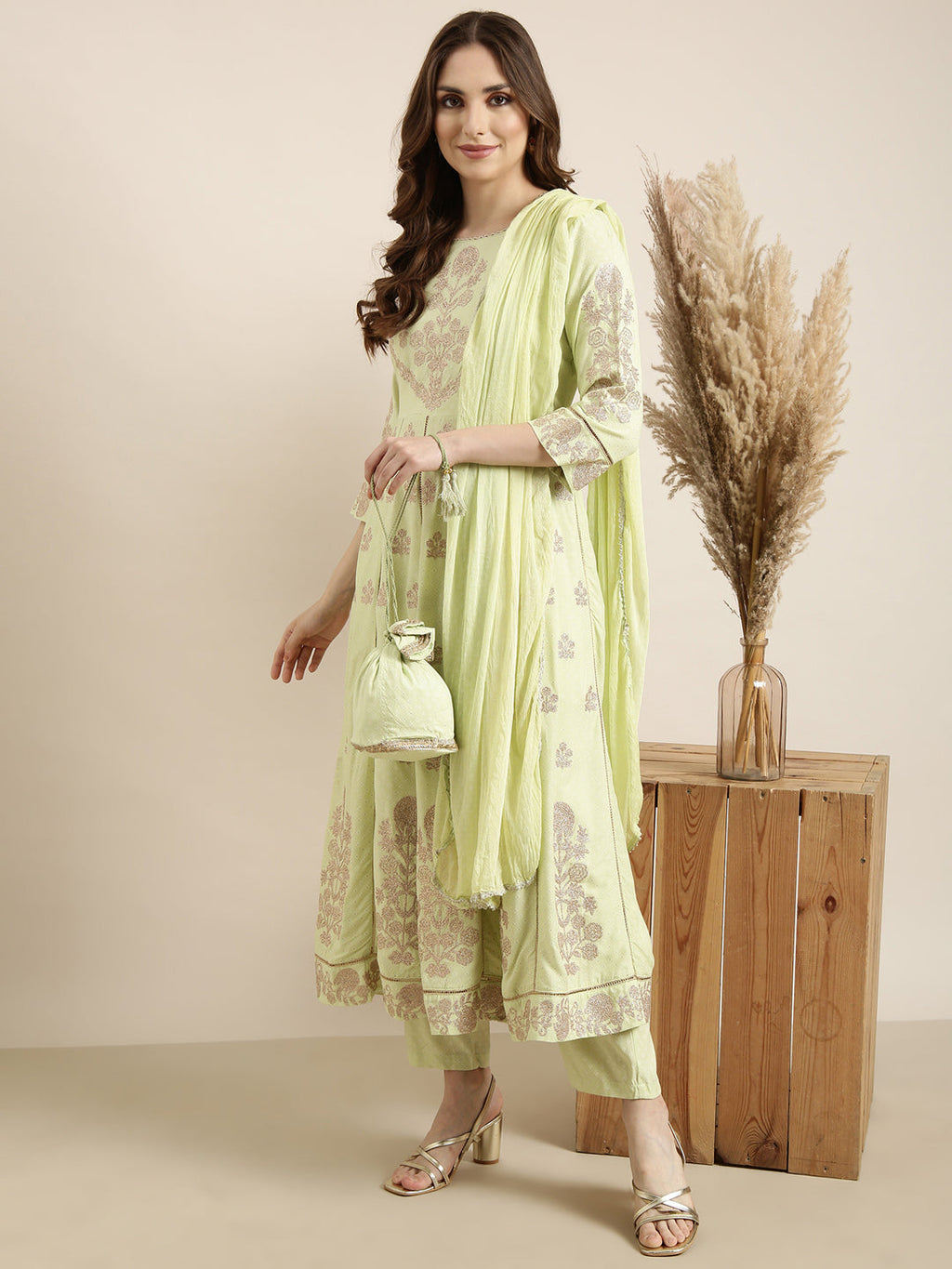 Women's Anarkali Green Floral Kurta Sets with Trousers & Dupatta & Potli Bag