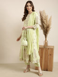 Women's Anarkali Green Floral Kurta Sets with Trousers & Dupatta & Potli Bag
