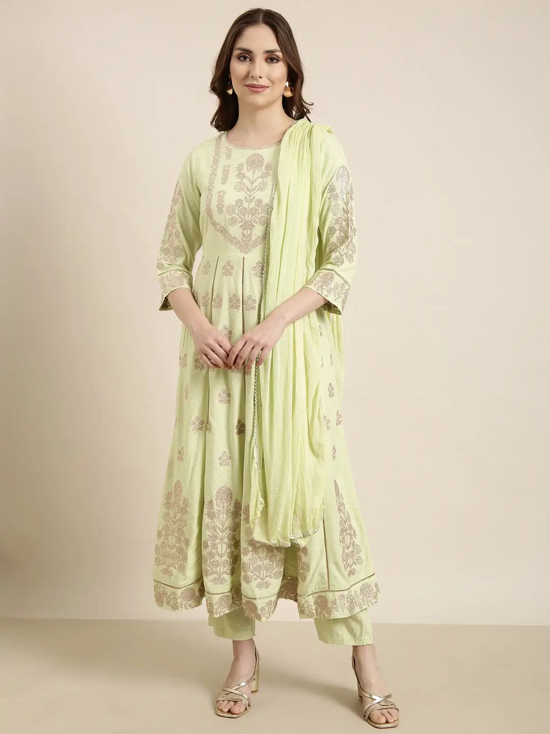 Women's Anarkali Green Floral Kurta Sets with Trousers & Dupatta & Potli Bag