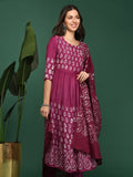 Women's Bandhani Maroon A-Line Kurta Sets with Dupatta