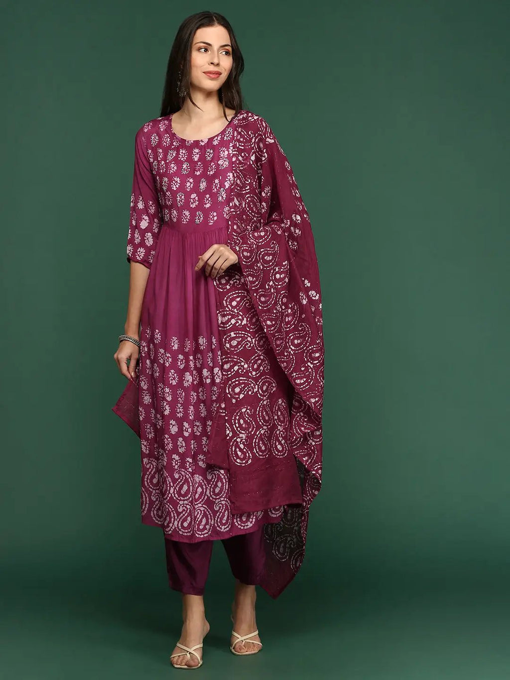 Women's Bandhani Maroon A-Line Kurta Sets with Dupatta