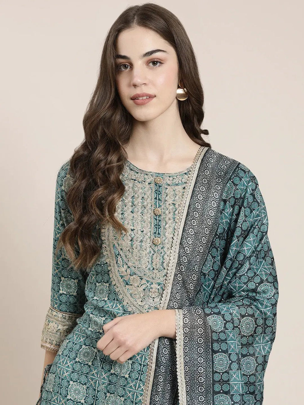Women's Teal Floral Printed Thread Work Straight Kurta Set with Sharara & Dupatta