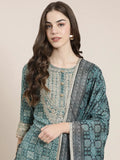 Women's Teal Floral Printed Thread Work Straight Kurta Set with Sharara & Dupatta