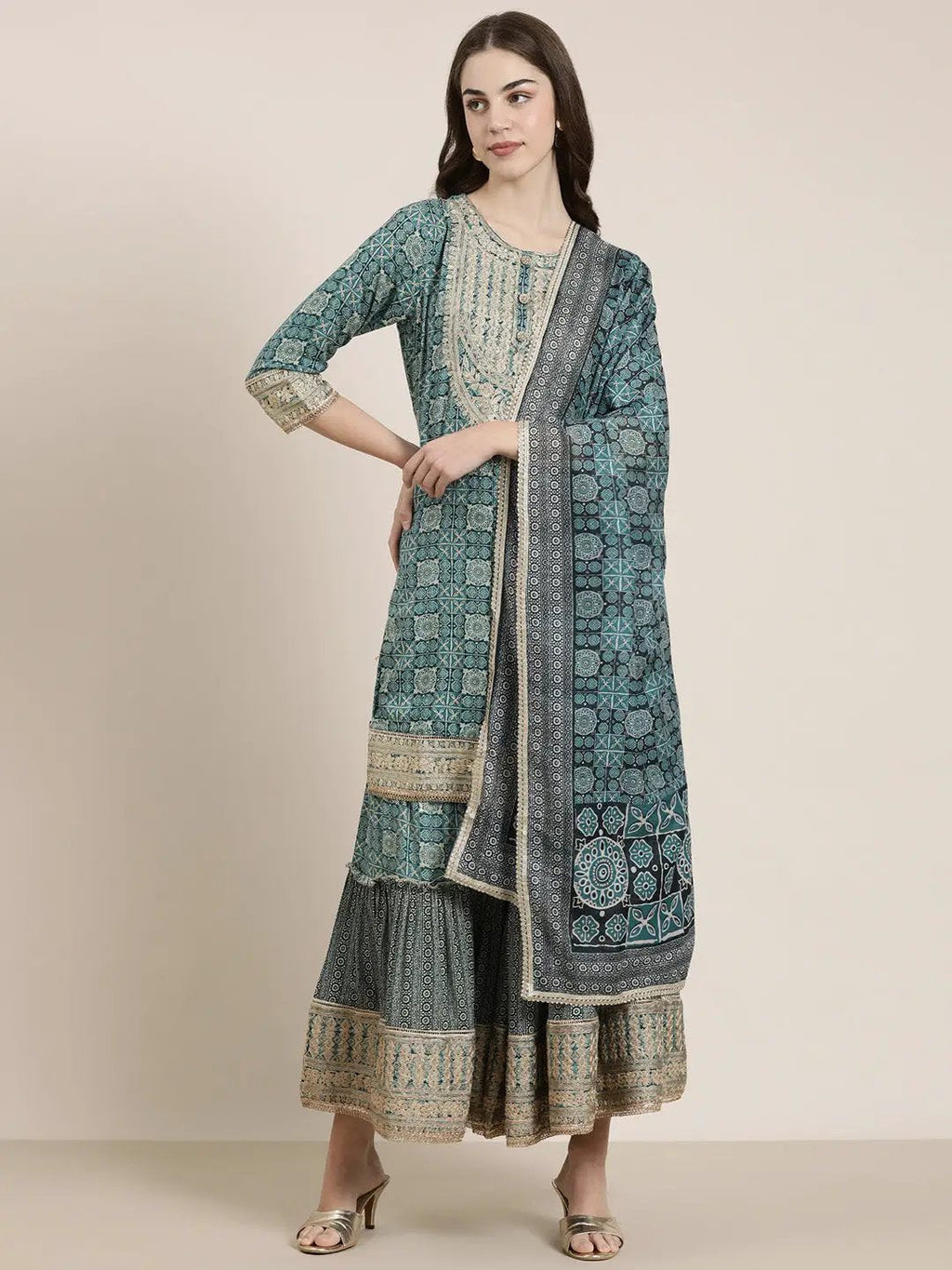 Women's Teal Floral Printed Thread Work Straight Kurta Set with Sharara & Dupatta