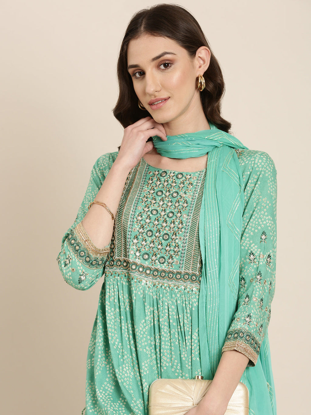 Women's Green Thread Work Detailed Pleated A-Line Kurta Set With Dupatta