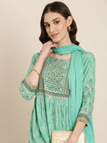 Women's Green Thread Work Detailed Pleated A-Line Kurta Set With Dupatta