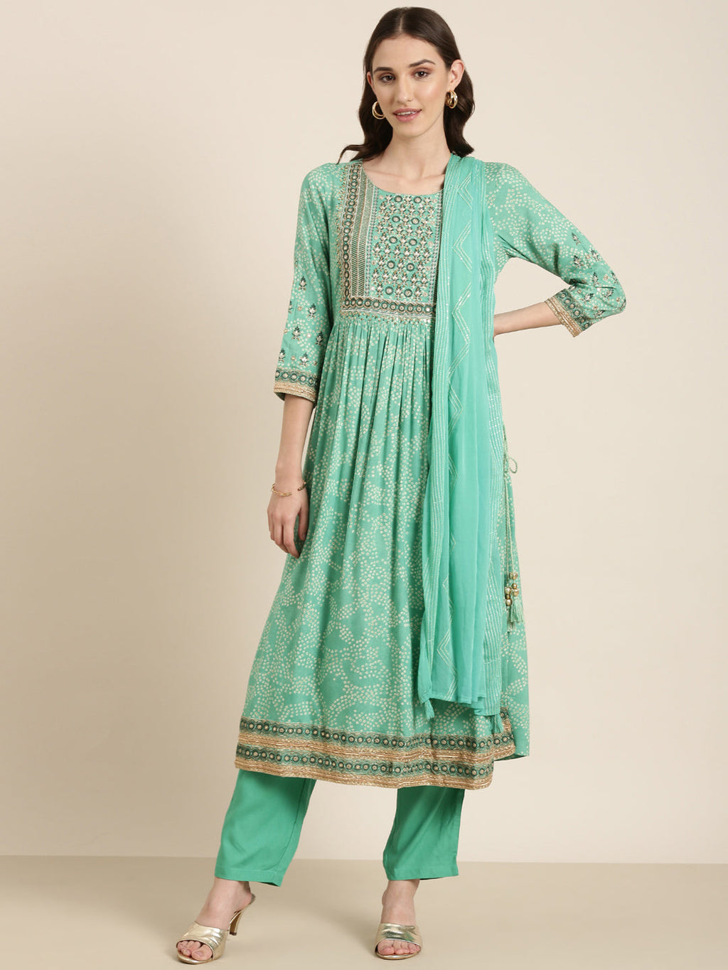 Women's Green Thread Work Detailed Pleated A-Line Kurta Set With Dupatta