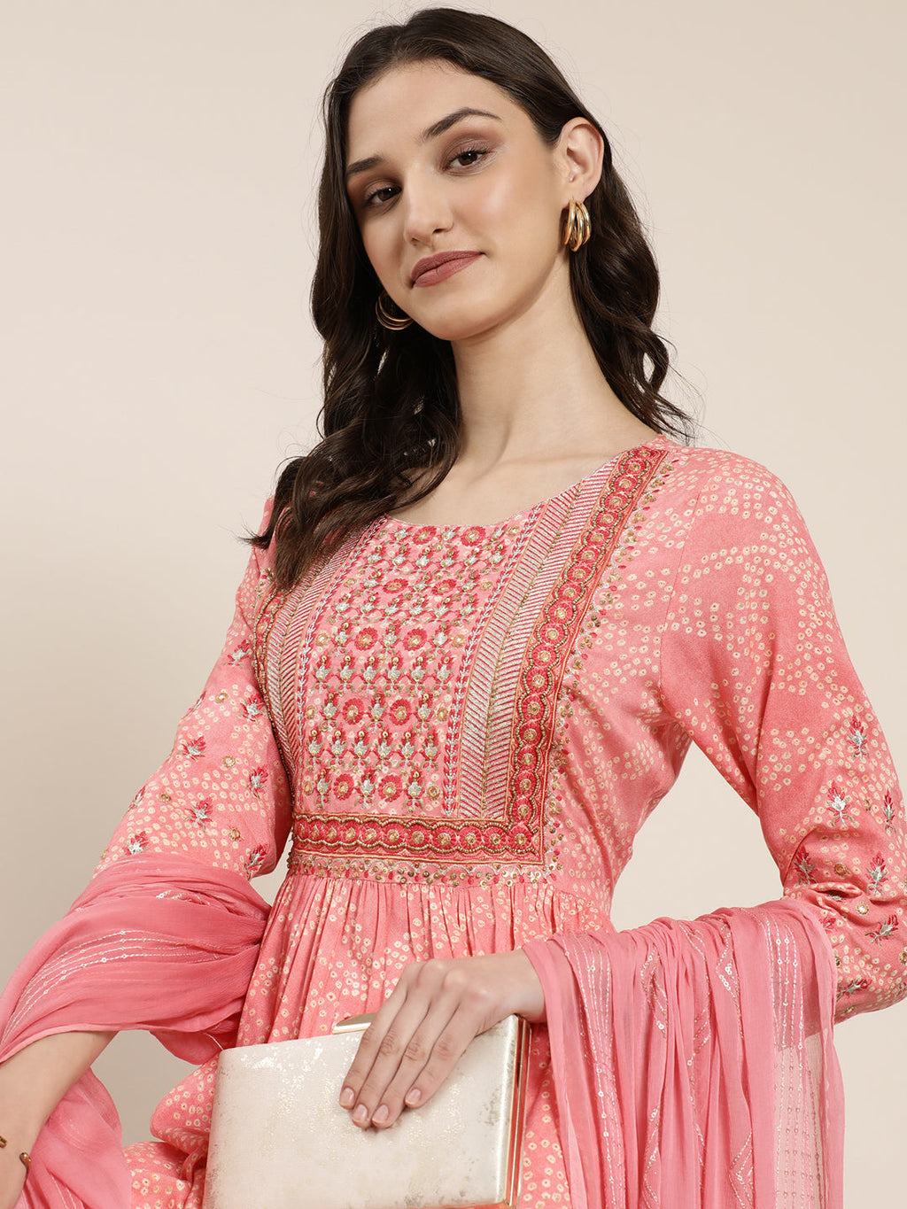 Women's Coral Bandhani Embroidered Thread Work Anarkali Kurta Set With Dupatta
