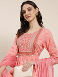 Women's Coral Bandhani Embroidered Thread Work Anarkali Kurta Set With Dupatta