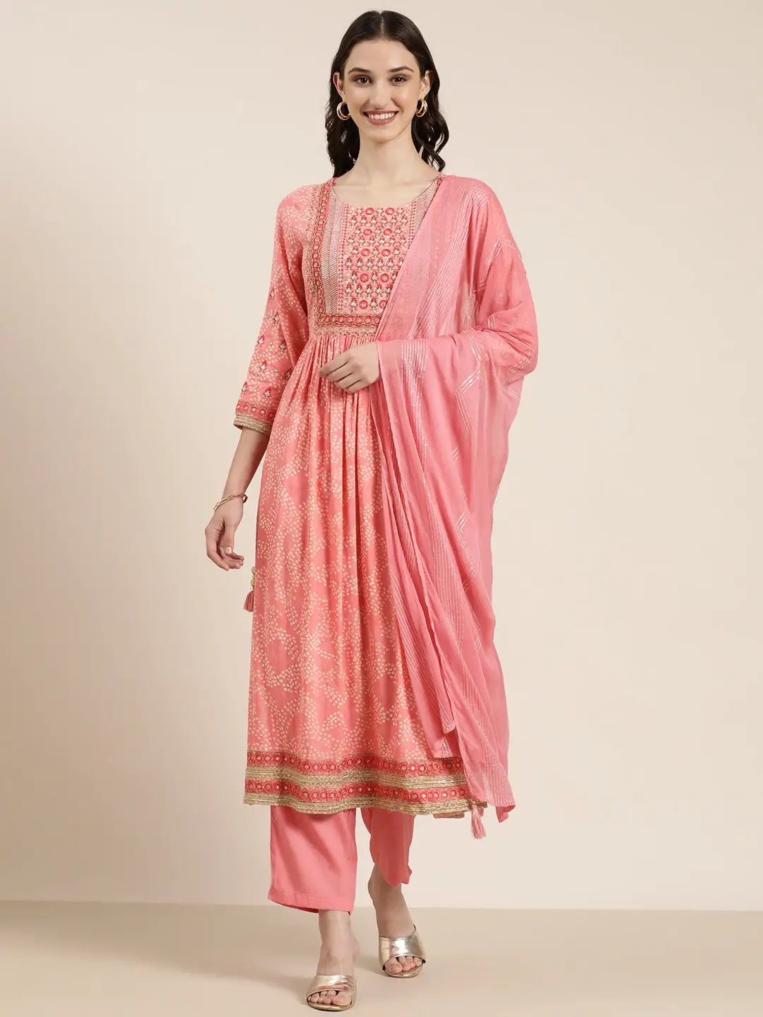 Women's Coral Bandhani Embroidered Thread Work Anarkali Kurta Set With Dupatta