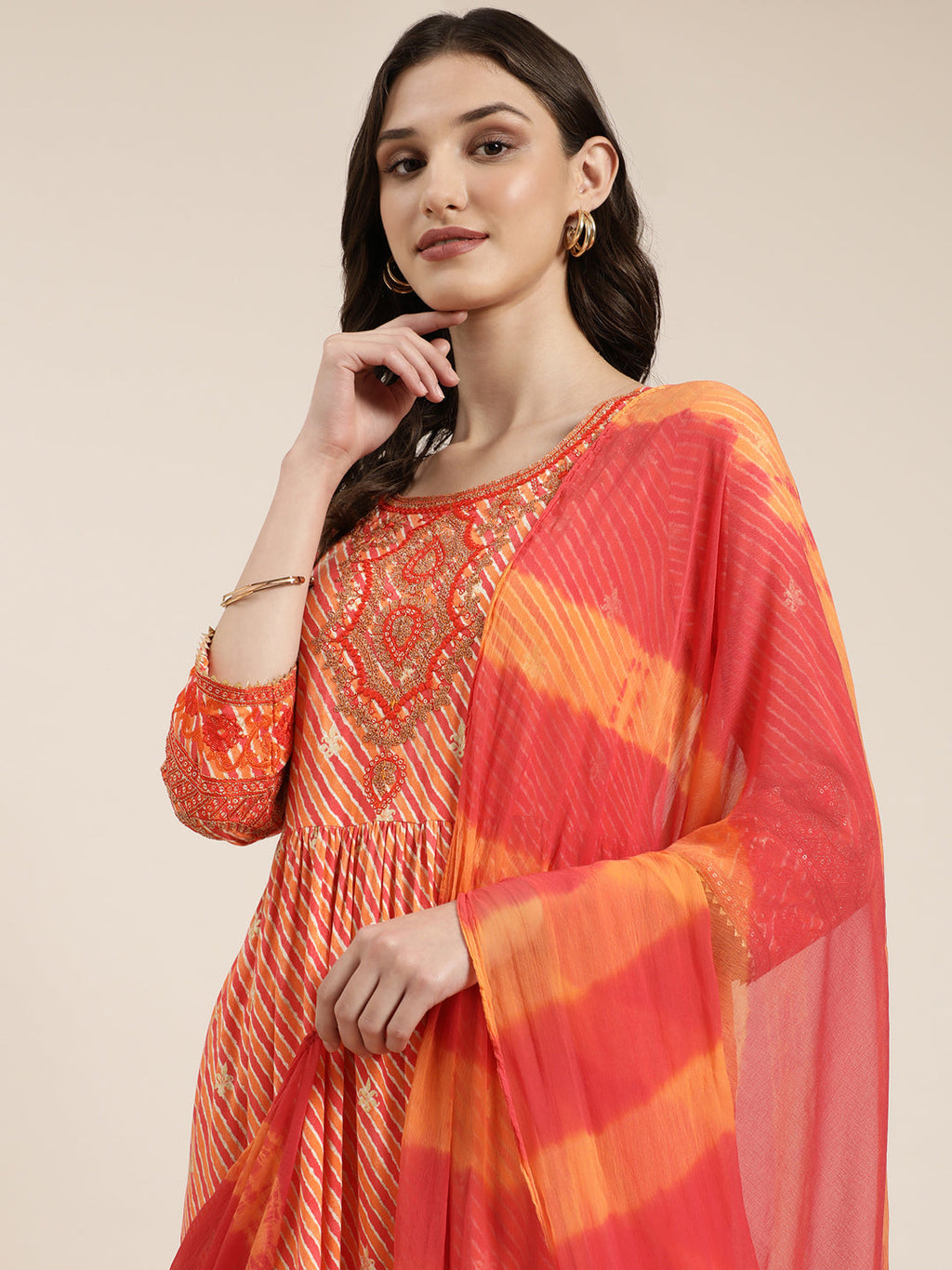 Women's Orange Striped Empire Thread Work Kurta Set