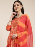 Women's Orange Striped Empire Thread Work Kurta Set