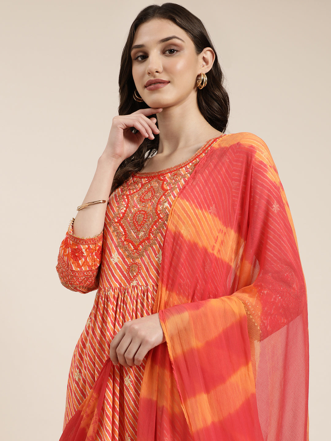 Women's Orange Striped Empire Thread Work Kurta Set