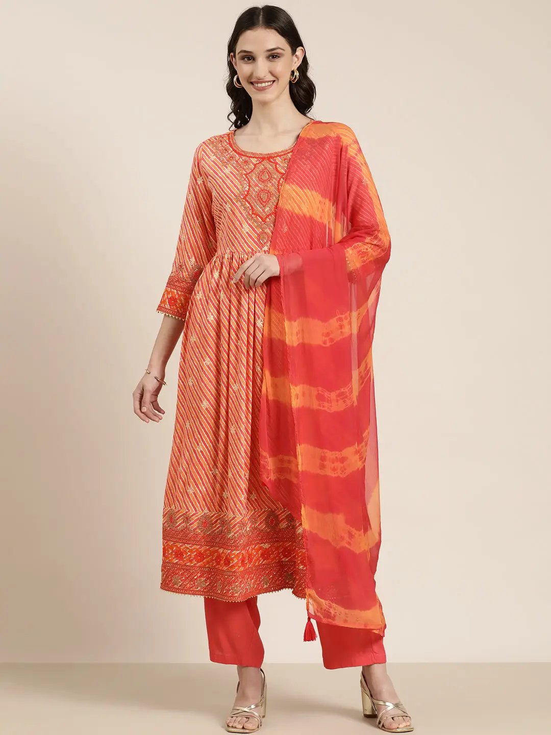 Women's Orange Striped Empire Thread Work Kurta Set
