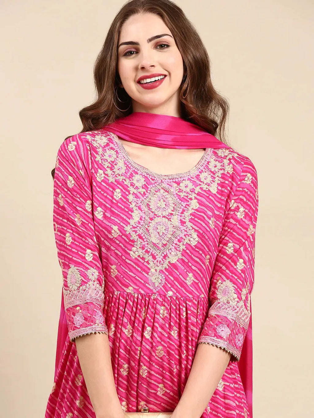 Women's Pink Leheriya Printed Zari A-Line Kurta Set With Dupatta
