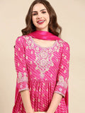 Women's Pink Leheriya Printed Zari A-Line Kurta Set With Dupatta