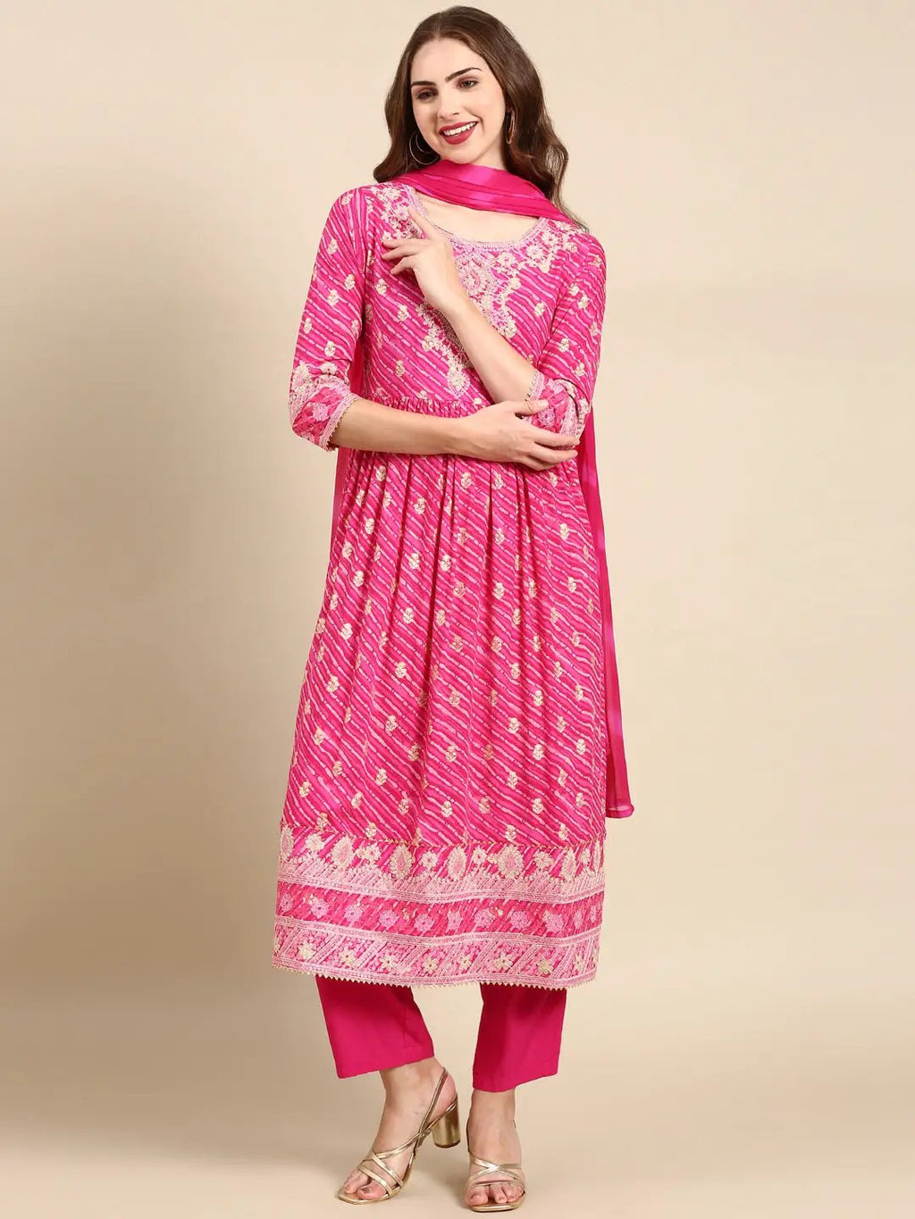 Women's Pink Leheriya Printed Zari A-Line Kurta Set With Dupatta