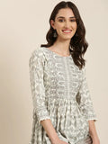 Women's Off White Geometric Printed Embroidered Empire Kurti