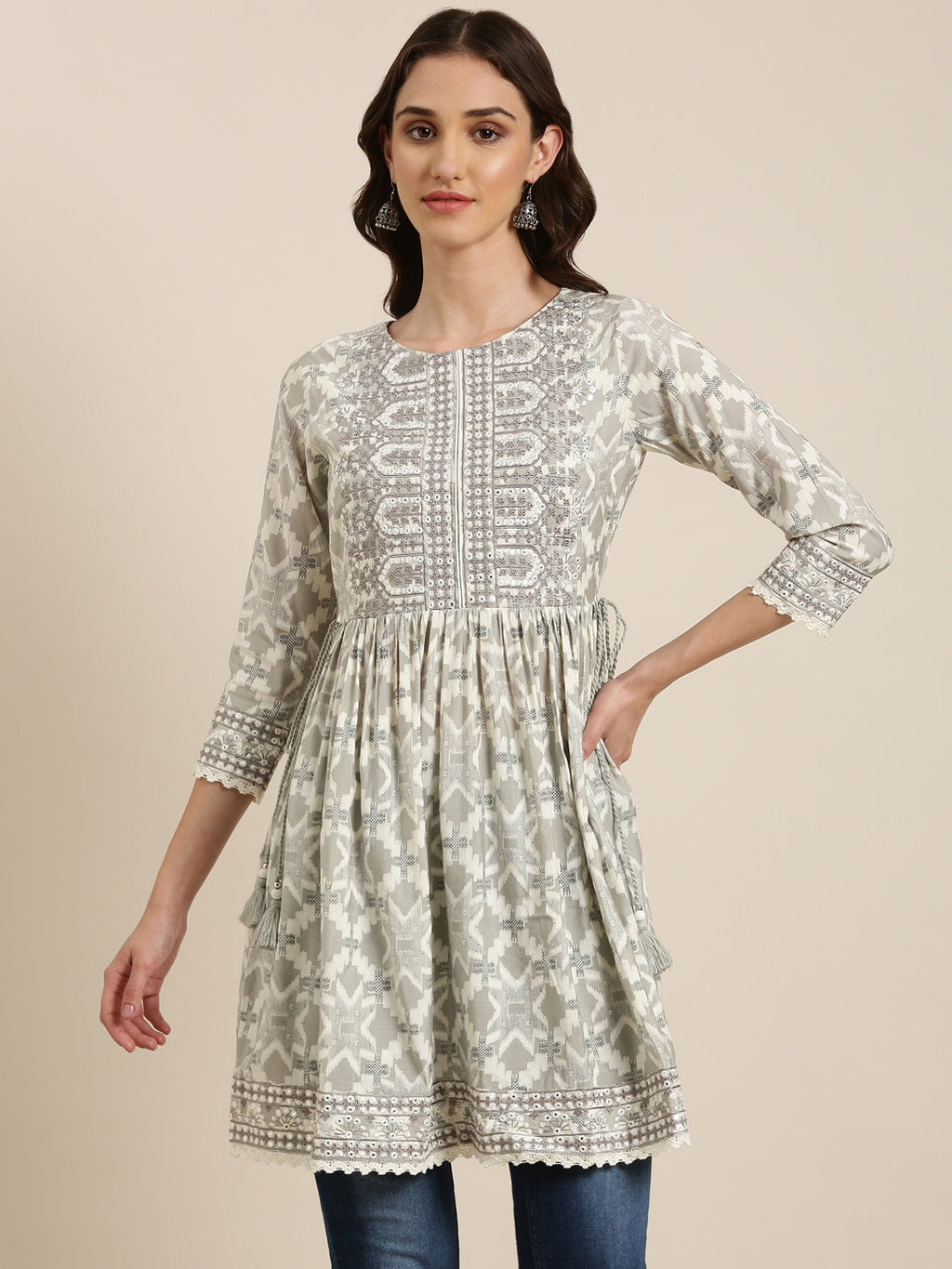Women's Off White Geometric Printed Embroidered Empire Kurti