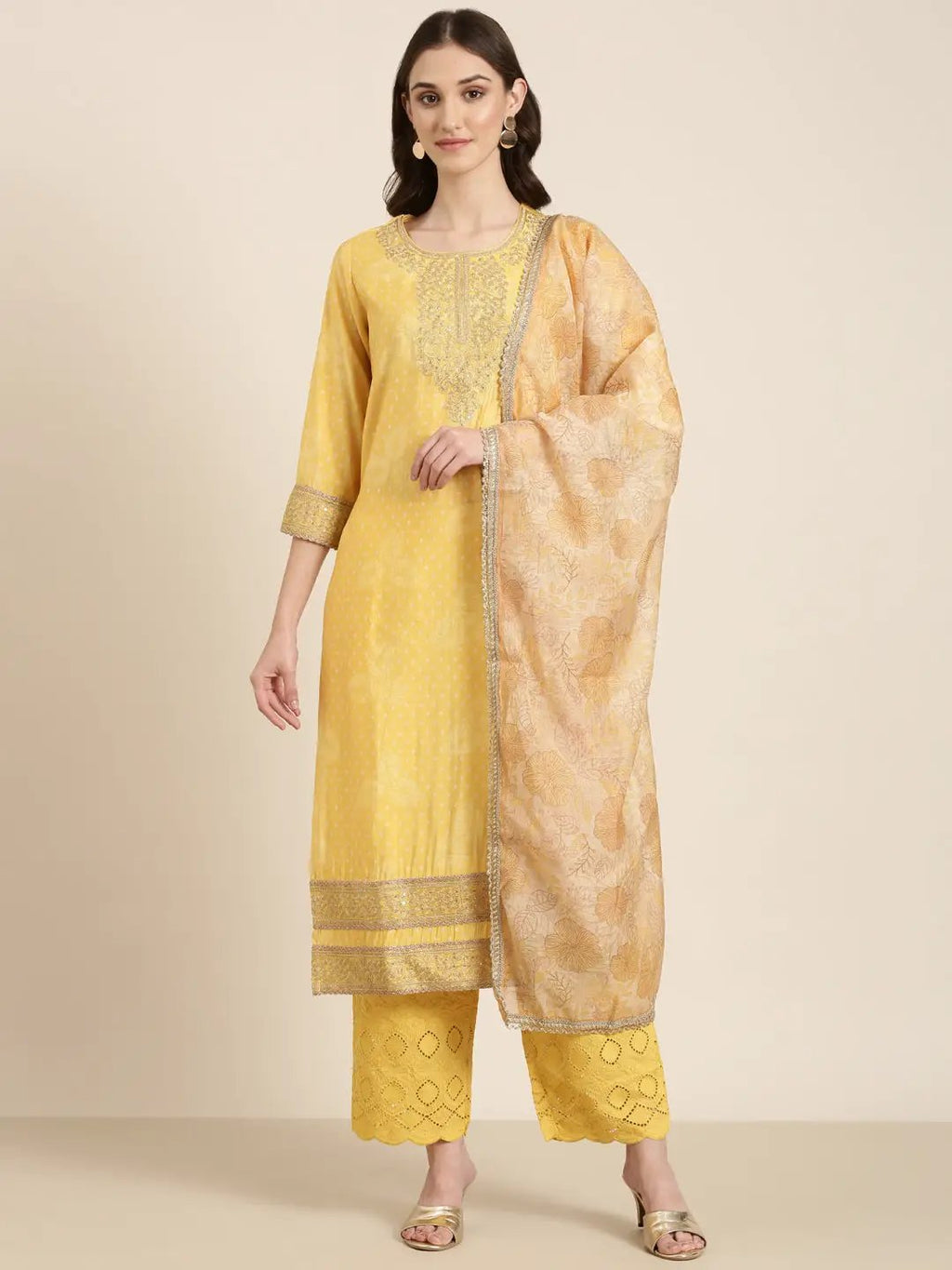 Women's Yellow Geometric Printed Regular Kurta Set With Dupatta