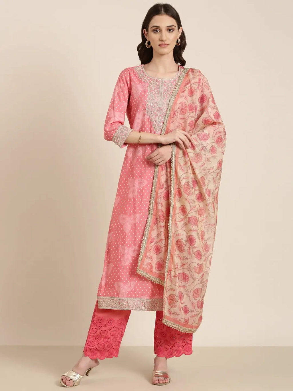 Women's Coral Floral Printed Kurta Set With Dupatta